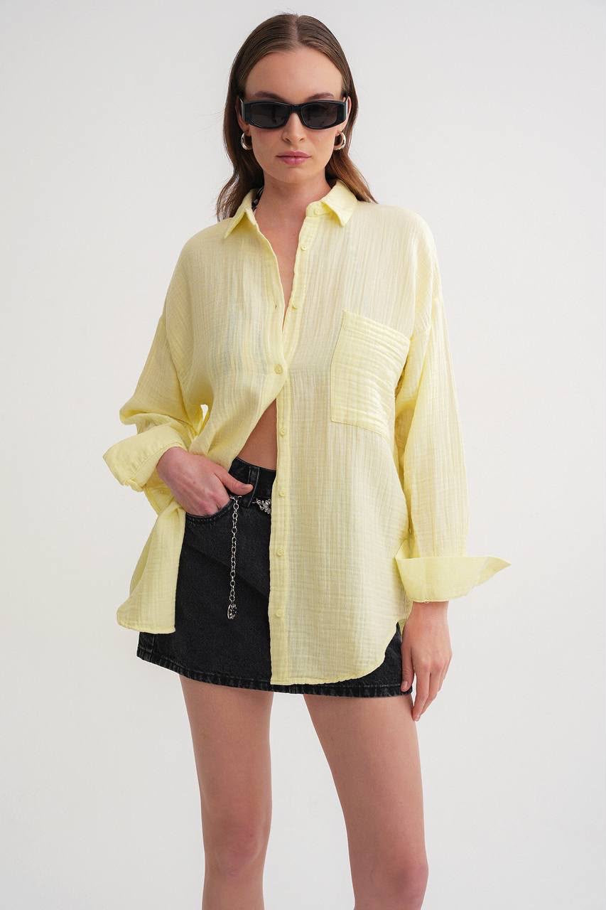 Chemise Casual en Chambray à Rayures – Blanc, Bleu, Jaune & Marron